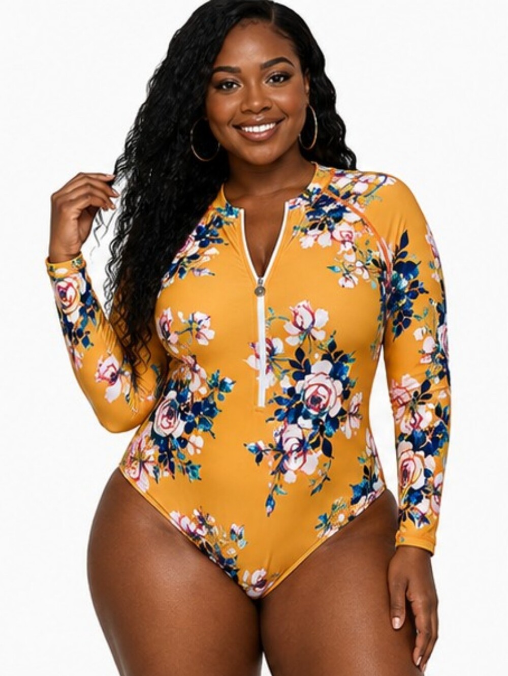 AS ROSE RICH LONG-SLEEVE FLORAL ZIP-FRONT RASH GUARD SWIMSUIT SIZE LARGE NWT
